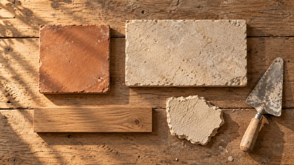 Campioni di cotto, pietra, legno e intonaco con una cazzuola su un tavolo di legno